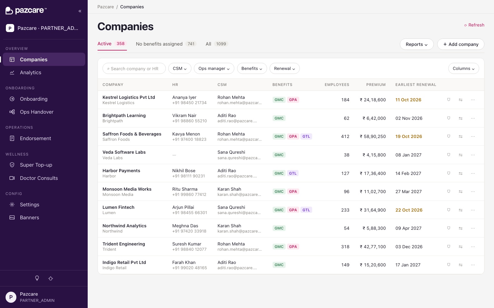 Companies page after