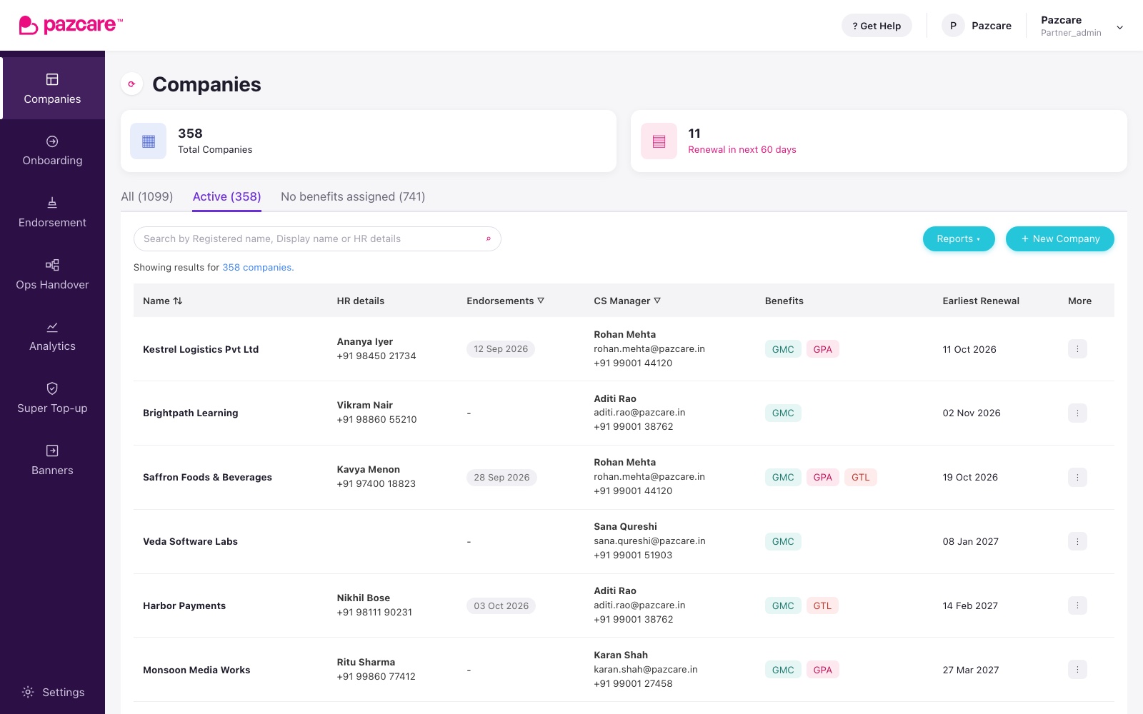 Companies page before