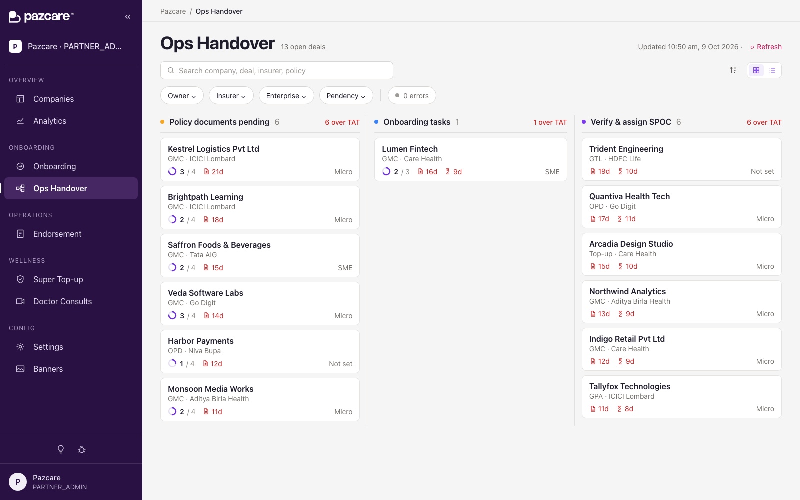 Client onboarding board in the product